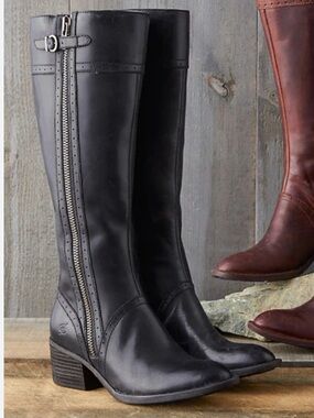 Born Black Poly Knee-High Leather Boots with Side Zipper and Buckle